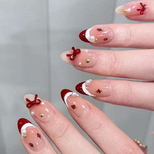 Almond Press on Nails Medium Blush Fake Nails with 3D Bow Rhinestones Pearl Strawberry Designs Red French Glue on Nails Press ons Pink Ombre Full Cover Reusable Stick on Nails Women 24Pcs