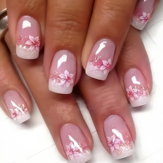 24Pcs French Tip Press on Nails Short Square Fake Nails Pink with Flower Full Cover Tip Glue on Nails Design Artificial Nude Pink False Nails Supplies Stick on Nail Acrylic for Women Nail Art