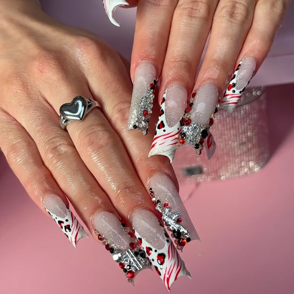 Pizadix 106Pcs Silver Red Nail Art Charms, 3D Cherry Money Bag Coin Gun Cross Jewelry, Y2K Retro Luxury Designer Nail Supplies