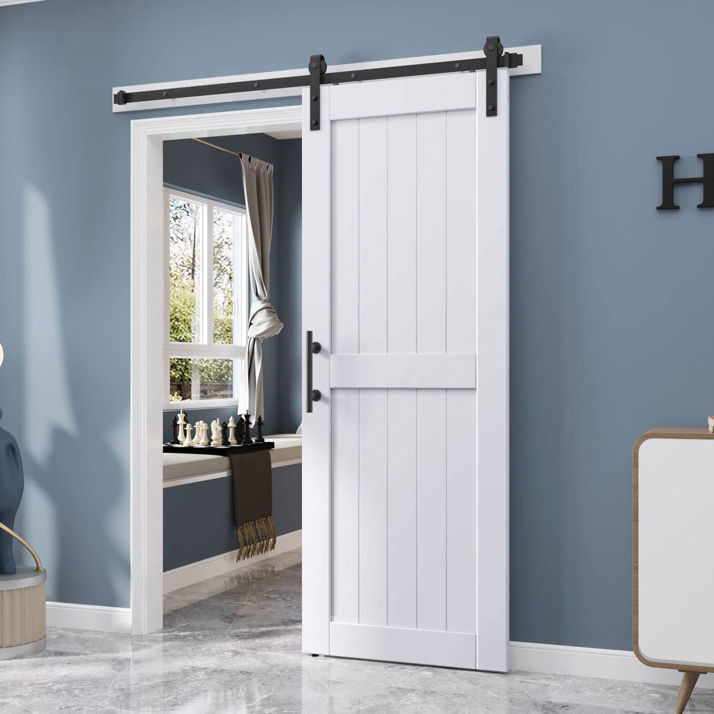 EaseLife 30 x 80 inch White Barn Door with 5.5FT Sliding Door Hardware Kit Included & Handle,Solid Wood Covered with Waterproof PVC Surface,DIY Assemblely,Easy Install,H-Frame,Fit 26-28in Wide Opening