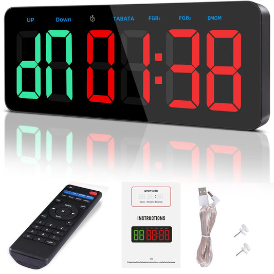 PELLOR Gym Timer Clock, Interval Timer with Function Mode Display, Countdown/UP Stopwatch Adjustable Brightness with Remote Control, 3'' Large Digits Digital Wall Clock for Home Gym Room