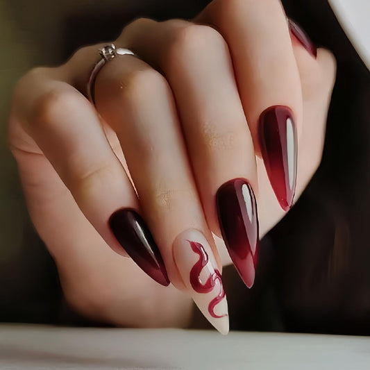 Press on Nails Medium Almond Fake Nails Ombre Red False Nails with Snake Glue on Nail Glossy Reusable Full Cover Gradient Burgundy Red Halloween Nails for Women Girls Manicure 24Pcs