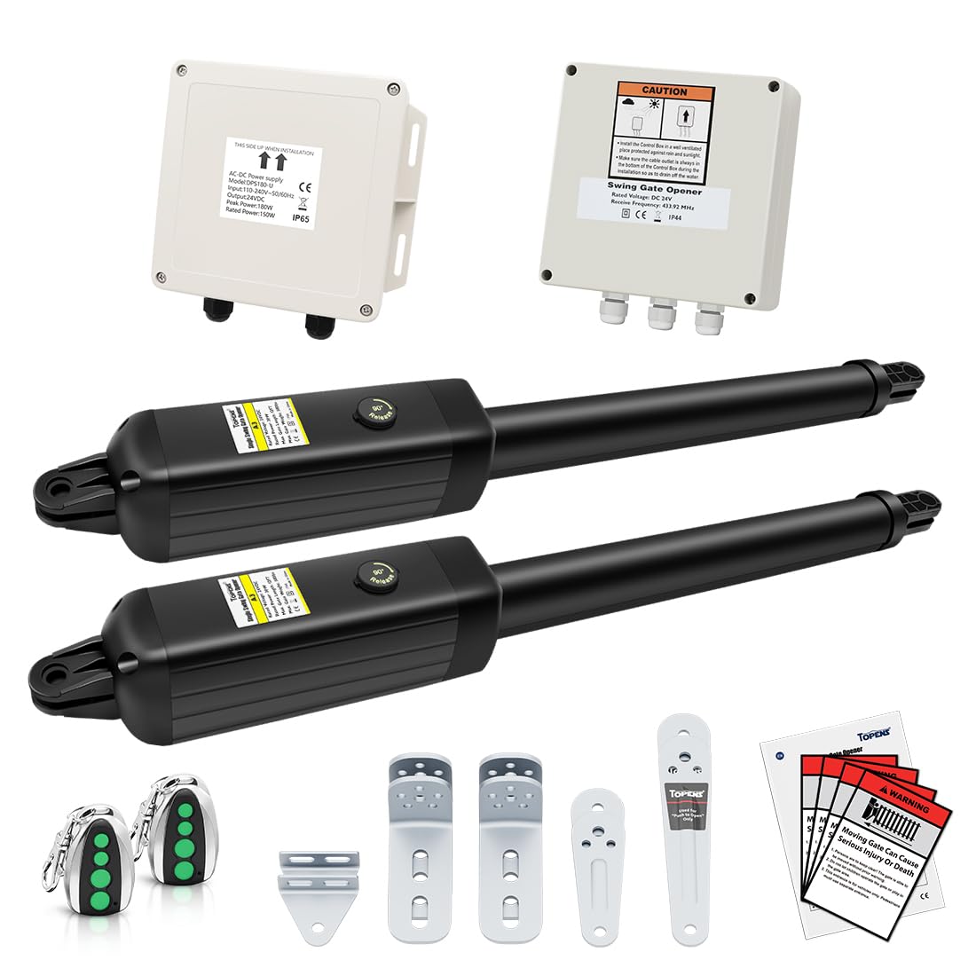 TOPENS PW302 Dual Swing Gate Opener Light Duty Automatic Gate Motor for Double Swing Gates Up to 12ft per Arm, Electric Driveway Gate Operator AC Powered with Remote Control Kit Solar Compatible