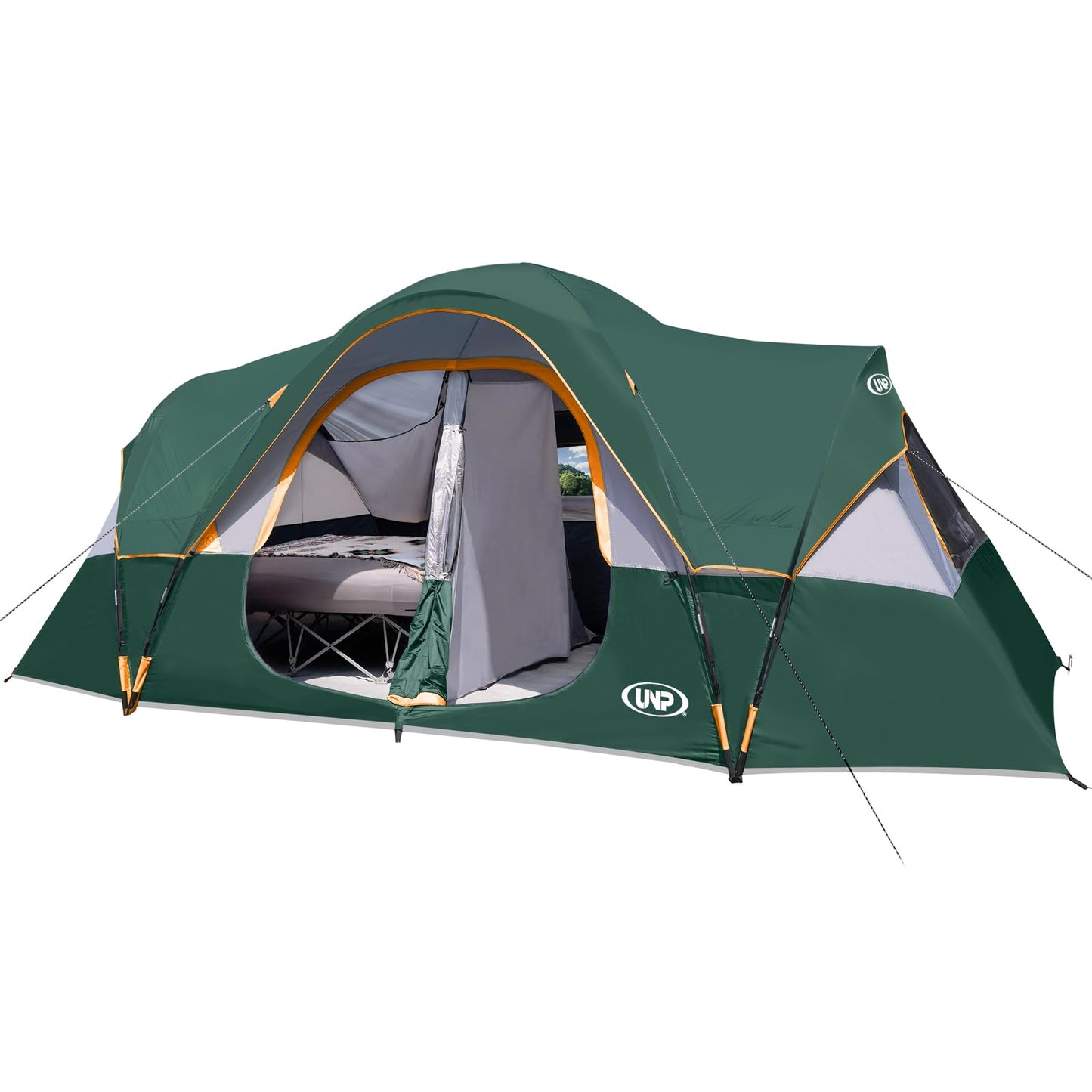 UNP Camping Tent 10-Person-Family Tents, Parties, Music Festival Tent, Big, Easy Up, 5 Large Mesh Windows, Double Layer, 2 Room, Waterproof, Weather Resistant, 18ft x 9ft x78in (Dark Green)