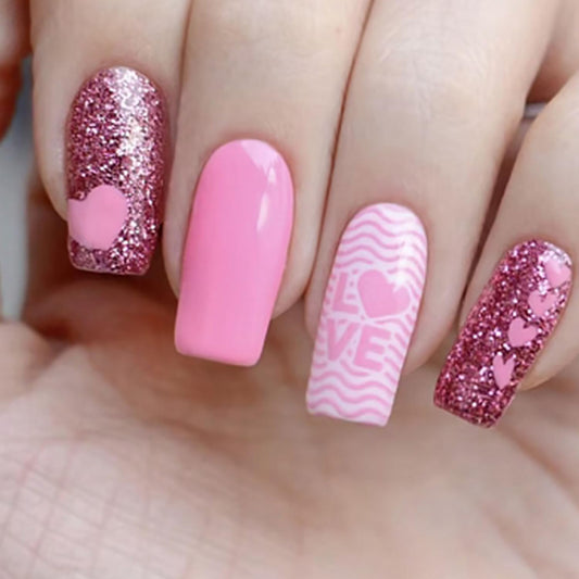 Valentine's Pink Love Heart Fake Nails Press on Nails Medium Square Glitter Powder Design Full Cover Acrylic Nails Set Artificial Coffin Nails Glossy Valentine's Glue on Nails for Women 24Pcs