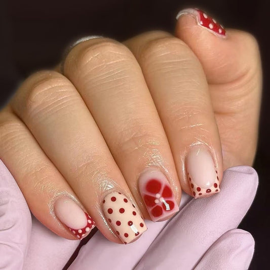 Short Press on Nails Square - Red Fake Nails with Polka Dot Design - Flower Full Cover Stick on Nails - for Women Winter Manicure 24 Pcs