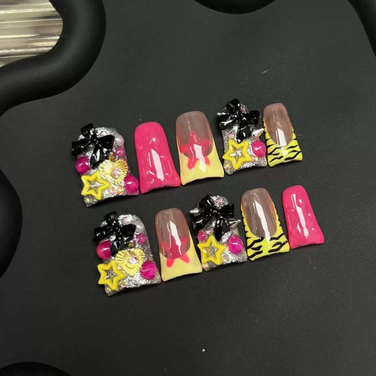 10Pcs Handmade Press On Nails Medium Duck Fake Nails Bow Charms With Star Design Y2k False Nails Full Cover French Tip Artificial Cute Stick On Nail For Women(SIZE: M)