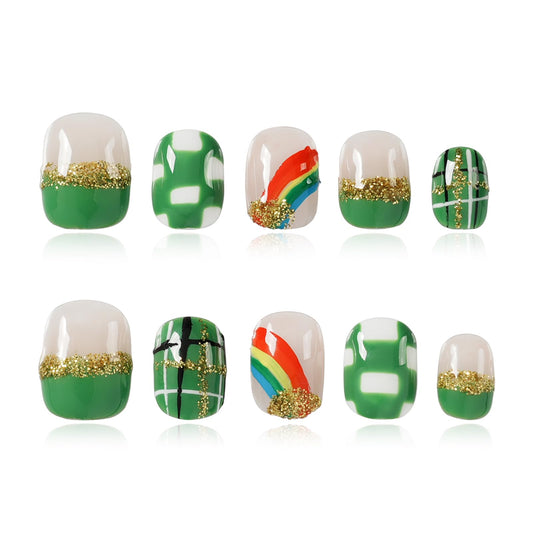 Tesytto Extra Short Press On Nails - Nude Base with Green French Tips & Gold Glitter, Hand-Painted Plaid & Rainbow,Easy to Apply & Remove (Size M)