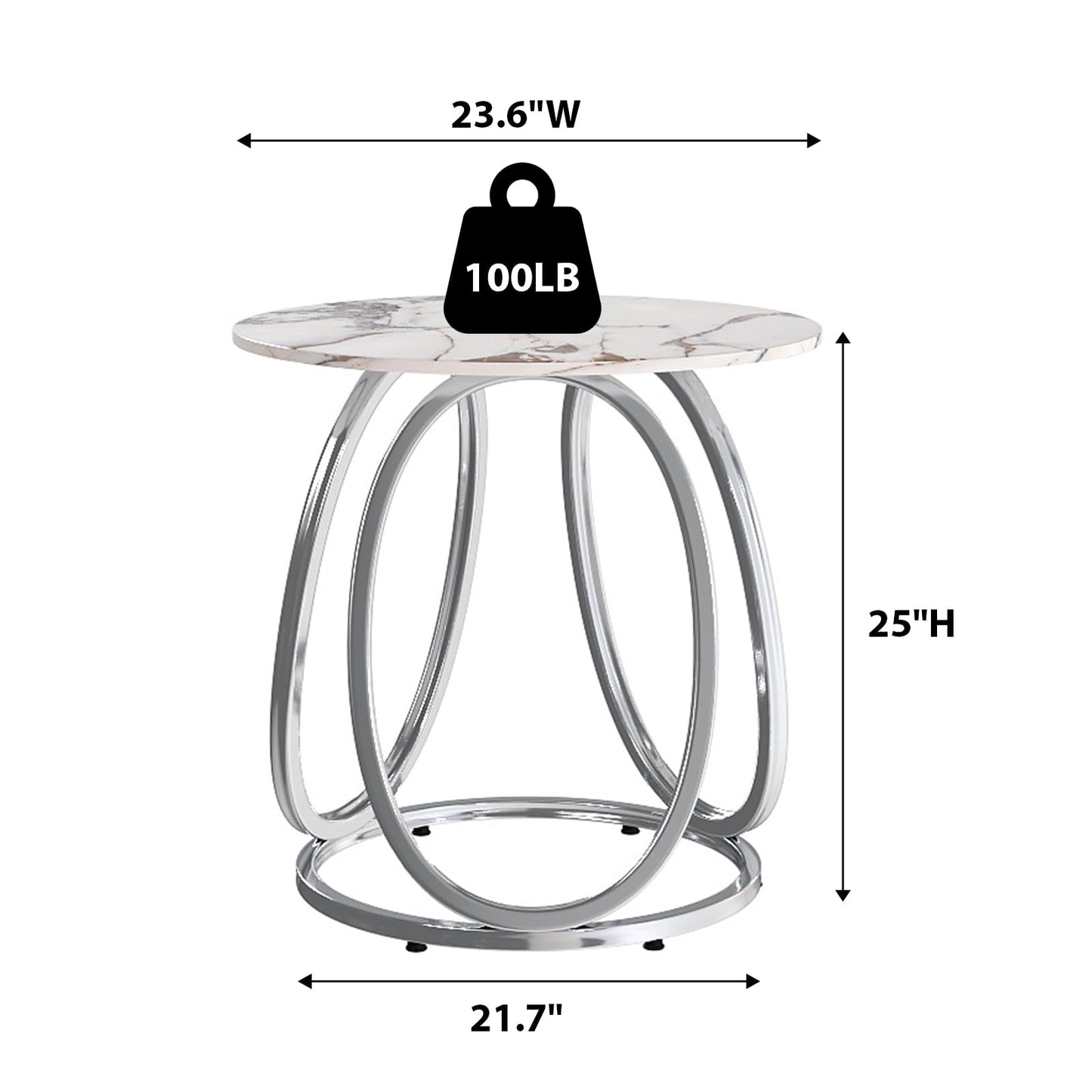 O&K FURNITURE Silver Side Table Living Room, Round End Table with Metal Frame, Modern Nightstand for Small Spaces, Bedroom, Home Office, 1PC
