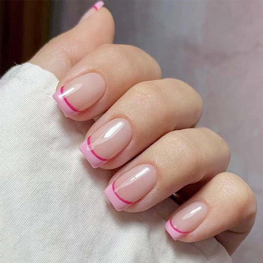 Square Press On Nails Medium Fake Nails Pink French Tip False Nails With Design Acrylic Full Cover Glue On Nail Artificial Glossy Nude Stick On Nail Reusable For Women Manicure 24Pcs