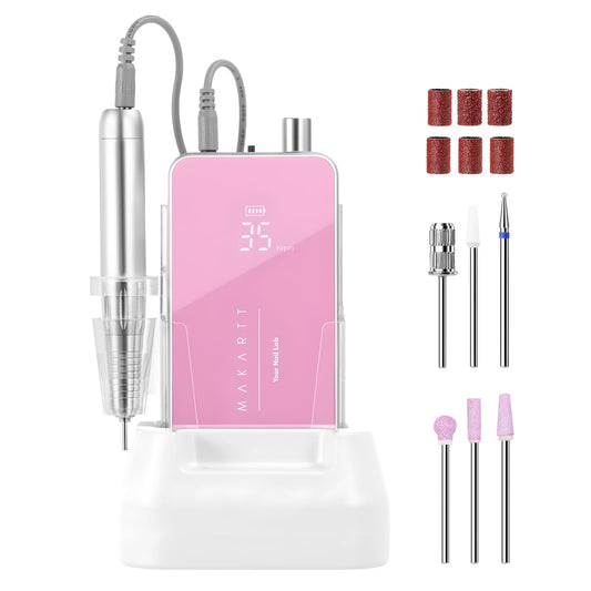 Makartt Nail Drill Professional, 35,000RPM Rechargeable Electric Nail File for Acrylic & Gel Removal, 60W Brushless Motor, 2-in-1 Desktop & Portable, LCD Display, for Home & Salon Use, Nouvella Pink