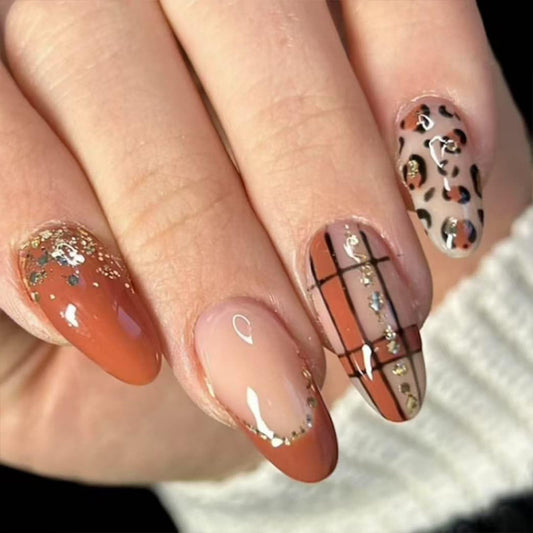 Medium Almond Press on Nails Brown Leopard Print French Tip Fake Nails Gold Glitter Leopard Print Designs Full Cover Acrylic Nails Removable Artificial Stick on Nails for Women 24 Pcs