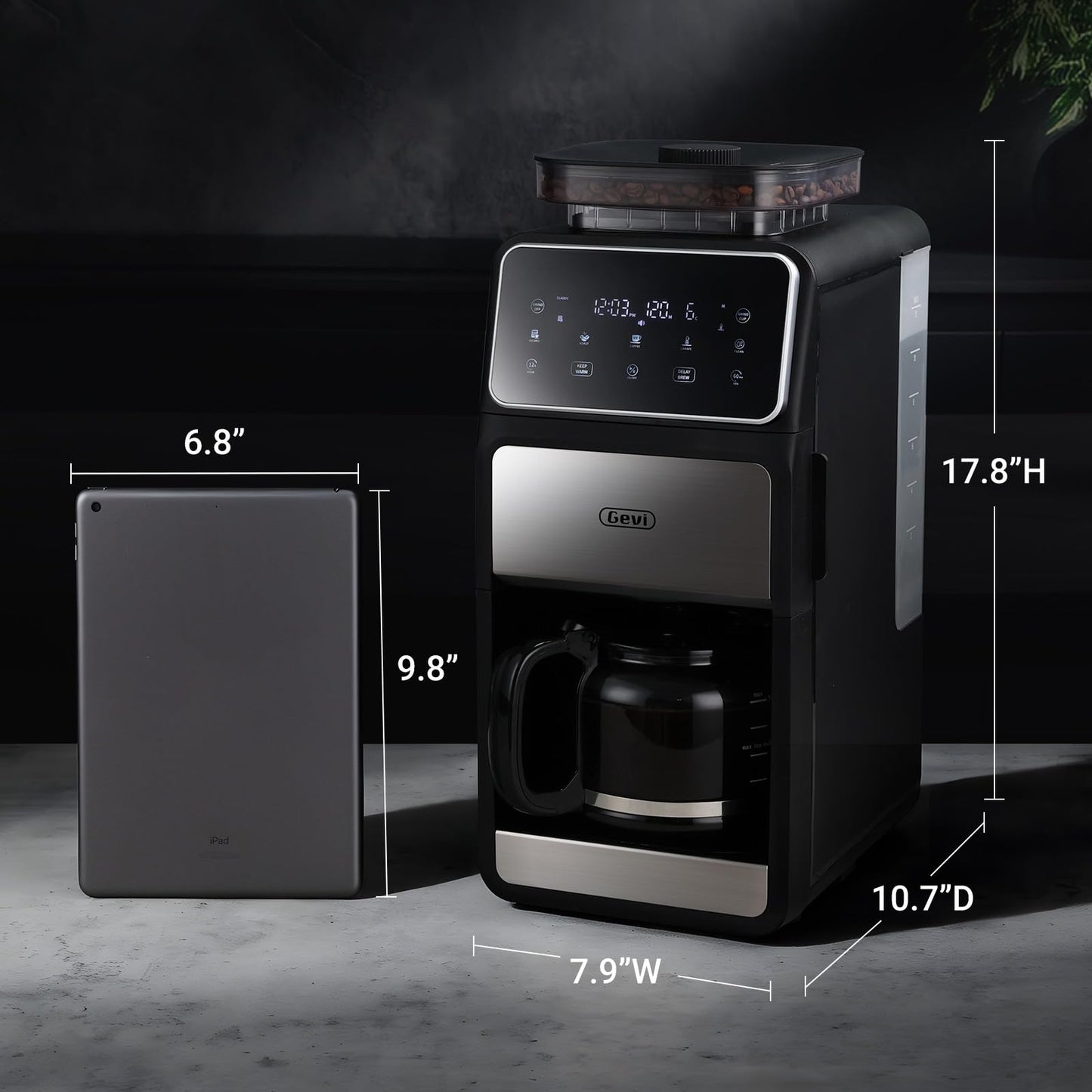 Gevi 10 Cup Drip Coffee Maker with Built-in Grinder, Grind ＆ Brew Burr Combo Coffee Machine with Touch Screen, Programmable, 4-Hour Warm Plate, Permanent Filter, Coffee Carafe