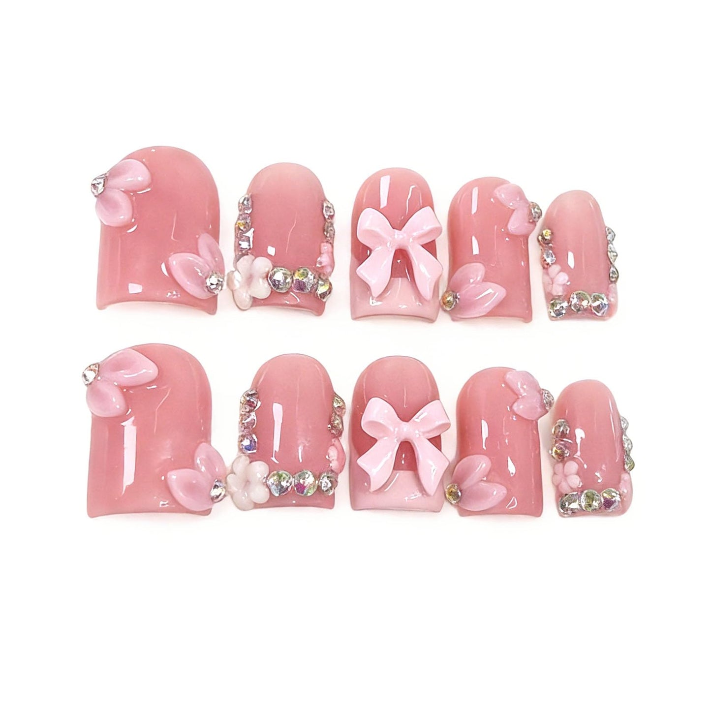 10 Pcs Handmade Press on Nails Short Square Fake Nails with 3D Flower Bow Rhinestones Charms Design White French Tip Acrylic False Nails M Size Press Ons Nails Square Pink for Women