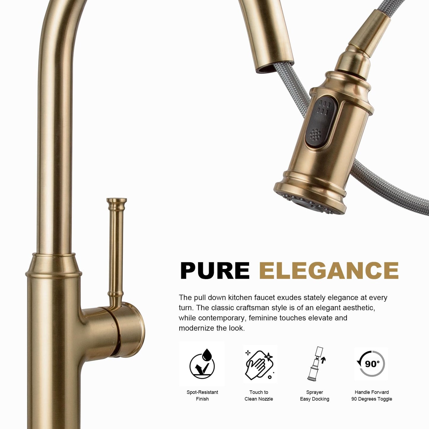 Lava Odoro Champagne Gold Kitchen Faucet with Pull Down Sprayer, Single Handle Kitchen Sink Faucet, Gold Faucet for Kitchen Sink 1 Hole and 3 Hole, Deck Plate Included, KF421-CB