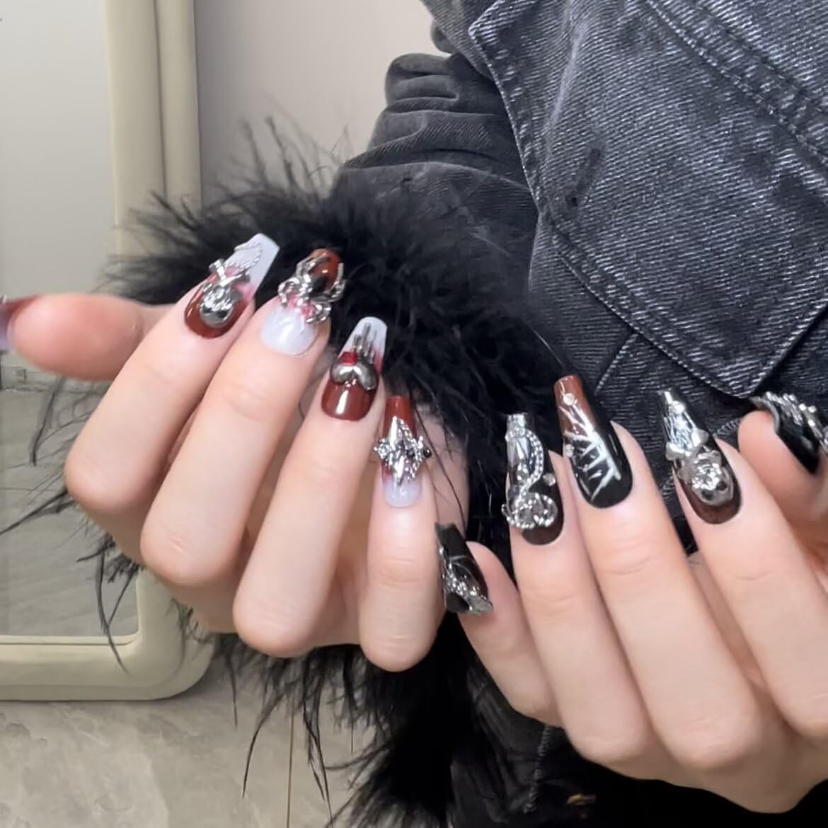 Handmade Skeleton Press On Nails long Coffin Reusable Stick On Fake Nails Luxury Elegant Sexy Style For Women Gift With Nail Glue Red Black L