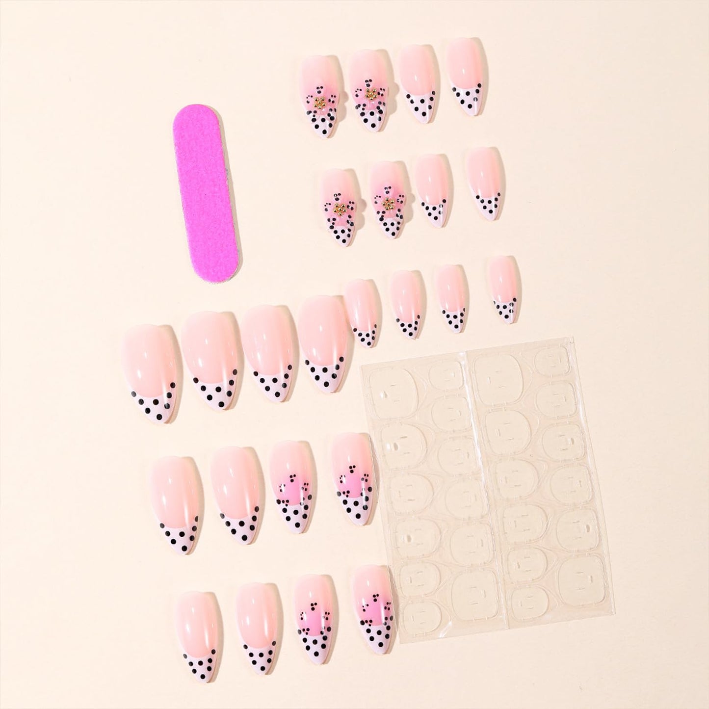 Flower Press on Nails Medium Alomnd Fake Nails with 3D Floral French Flower False Nails Press ons Spring Summer Polka Dot Acrylic Nails for Women Nail Decorations