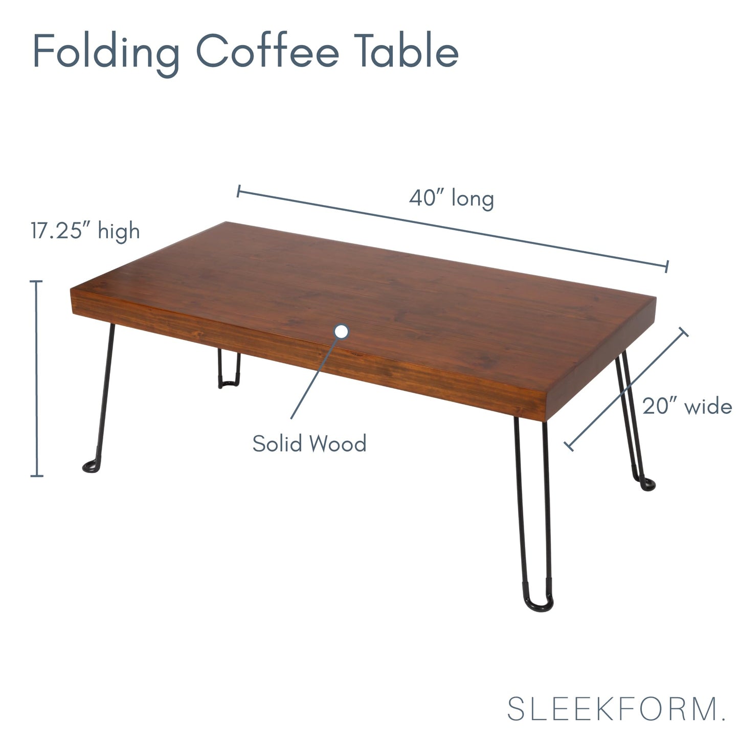 Sleekform Folding Wooden Coffee Table - Collapsible 20x40 Light Wood Mini Desk - Lightweight Foldable Coffee Table for Small Spaces - Fold Up Hairpin Legs - Walnut Wood Finish