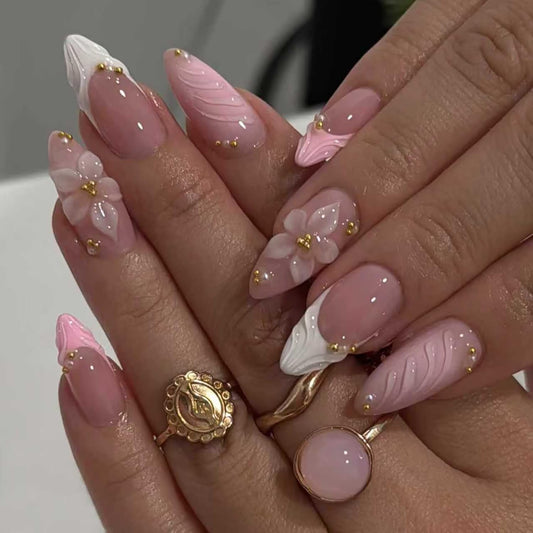 24Pcs French Tip Press On Nails Flower Medium Almond Fake Nails Gold Pearl Accessories Designs Pink Nails Press Ons Glossy Spring Summer Acrylic Nail For Women Manicure 24Pcs