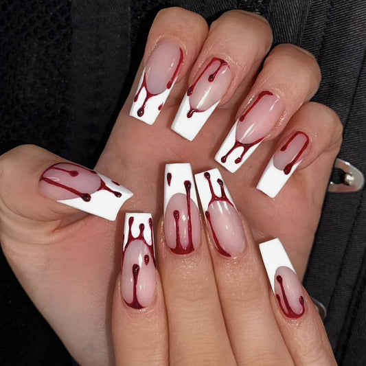 Halloween Press on Nails Long Square Fake Nails with Design Red Blood Drops Glue on Nails White French Tip False Nail Full Cover Coffin Nail Press Ons Acrylic Stick on Nail for Women 24Pcs
