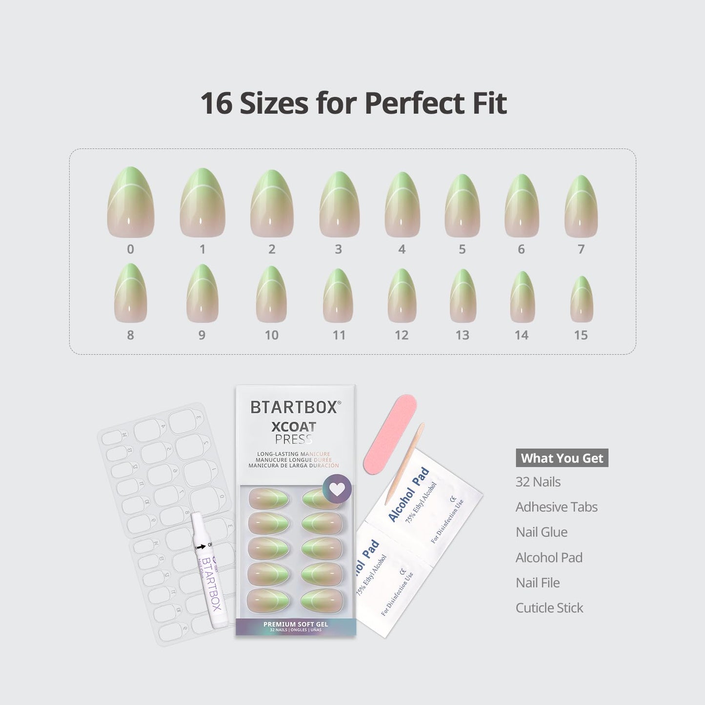 BTArtbox French Tip Press On Nails - Fresh Reset, Lamp-Curable 4-Week Wear Green Ombre Short Almond Press On Nails with Glue and Adhesive Tabs, Easy-to-Apply in 16 Sizes - 32 Nails All-in-One Kit
