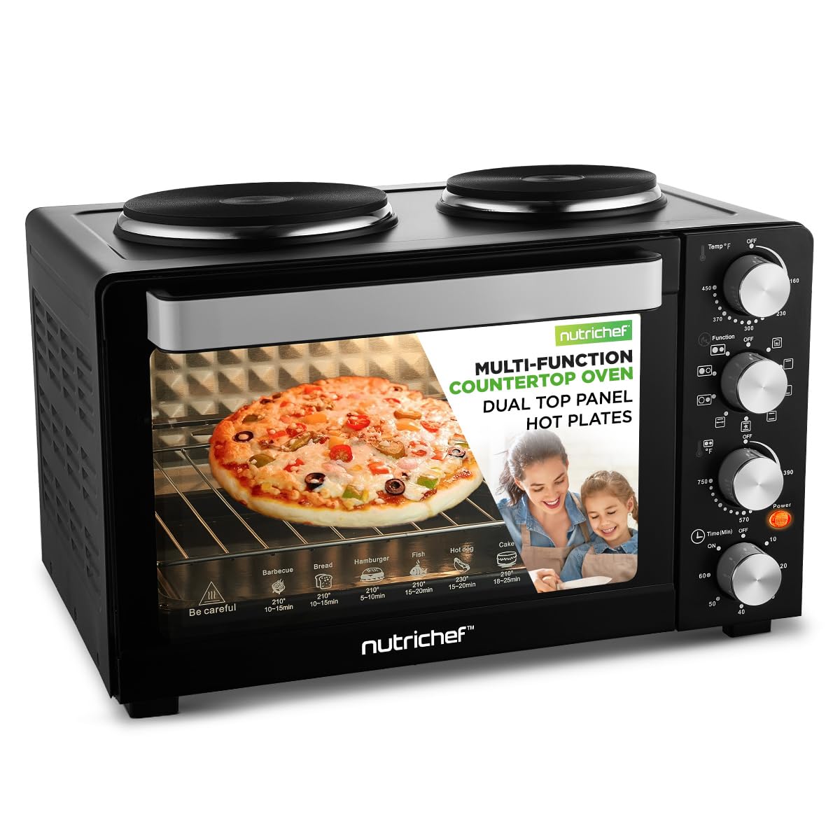 Nutrichef 2-in-1 Convection Oven & Cooker - 30 Quart, 1500W Multi-Function Kitchen Oven with Dual Hot Plates, 7 Cooking Modes Including Rotisserie, Broil, Bake - 19.6 x 16.0 x 13.5 Inches