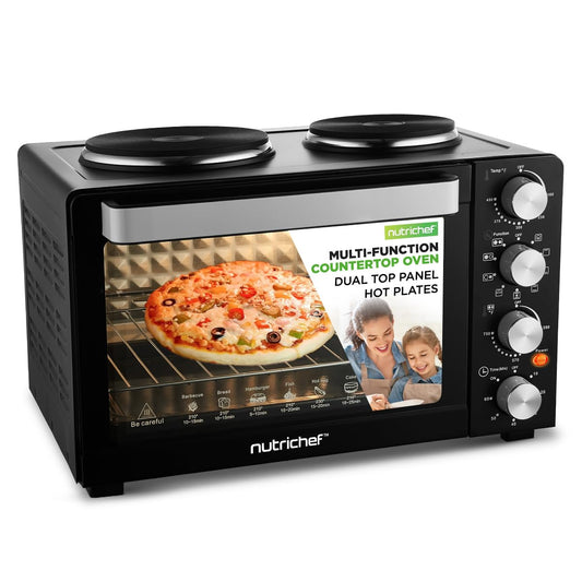 Nutrichef 2-in-1 Convection Oven & Cooker - 30 Quart, 1500W Multi-Function Kitchen Oven with Dual Hot Plates, 7 Cooking Modes Including Rotisserie, Broil, Bake - 19.6 x 16.0 x 13.5 Inches