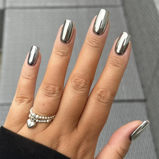 Silver Press on Nails Square - Medium Fake Nails with Chrome Design - Solid Color Full Cover Stick on False Nails - for Women 24 Pcs