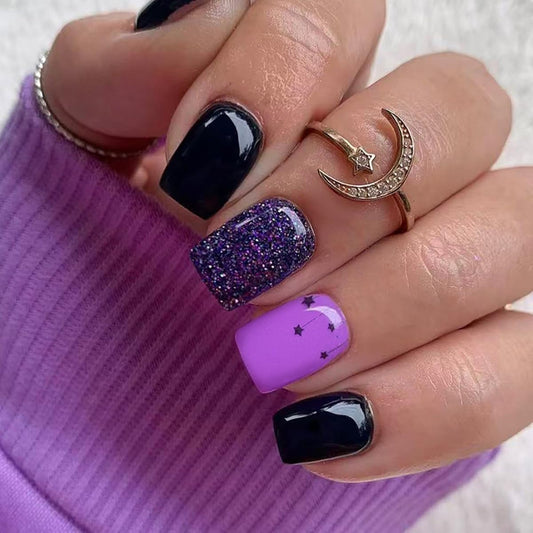 24Pcs Black Fake Nails QUNQINLI Short Square Press on Nails with Small Star Charms Designs Purple Glitter Nail Tip Kit Glossy Full Cover Glue on Nails Reusable Stick on Nail for Women Manicure