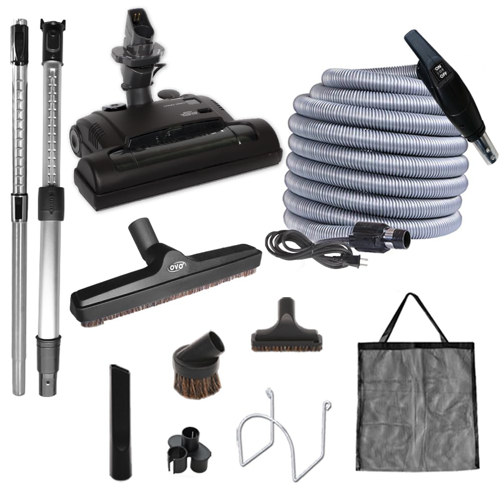 OVO Unit Heavy Duty Powerful Central Vacuum System, Hybrid Filtration (with or Without Disposable Bags) 35L or 9.25Gal, 700 Air watts with 35 ft Carpet Deluxe Accessory Kit, Silver