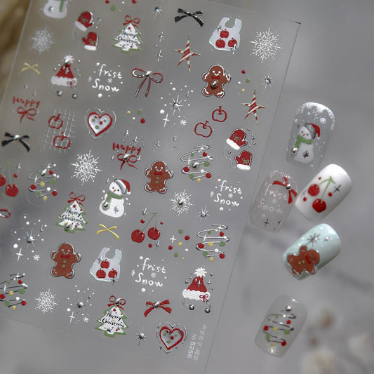 Christmas Nail Stickers for Nail Art Santa Hat Gloves Snowman Snowflake Gingerbread Cherry Bow Nail Decals Xmas Stickers for Nails Design 3D Self Adhesive Nail Art Decorations for Women Girls 1 Sheet