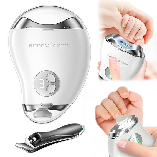 Electric Nail Clipper, 4-in-1 Rechargeable Automatic Nail Clipper Set with 3 Speed Gears/Nail File/Polishing/Trimmer/LED Light, Safe Smart Nail Clippers for for Baby, Kids, Adult and Seniors, White