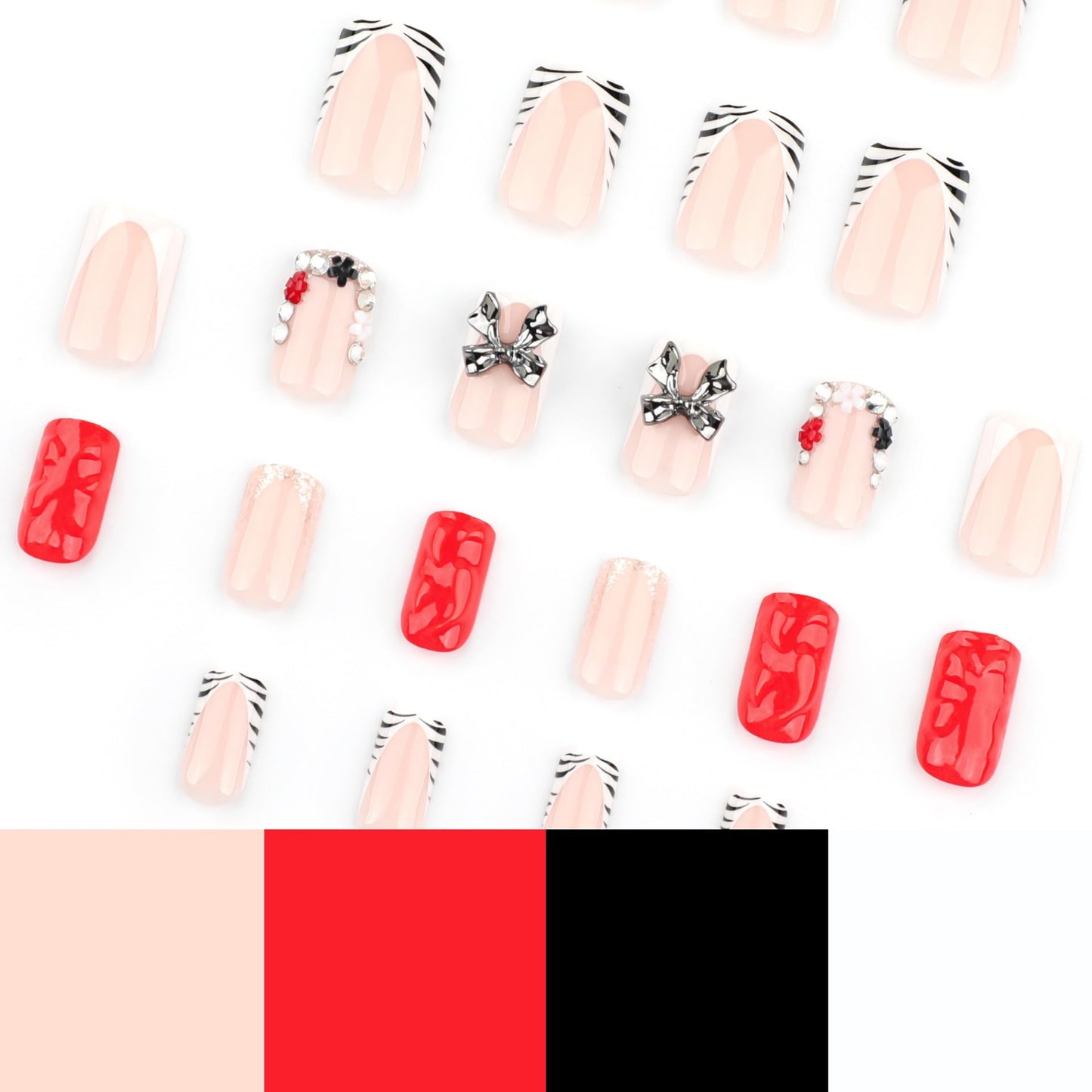 CTTHNBD Short Press on Nails - Square Fake Nails with Silver Bow Charms Design - Zebra Stripes, French Tip False Nials - for Women 24 Pcs
