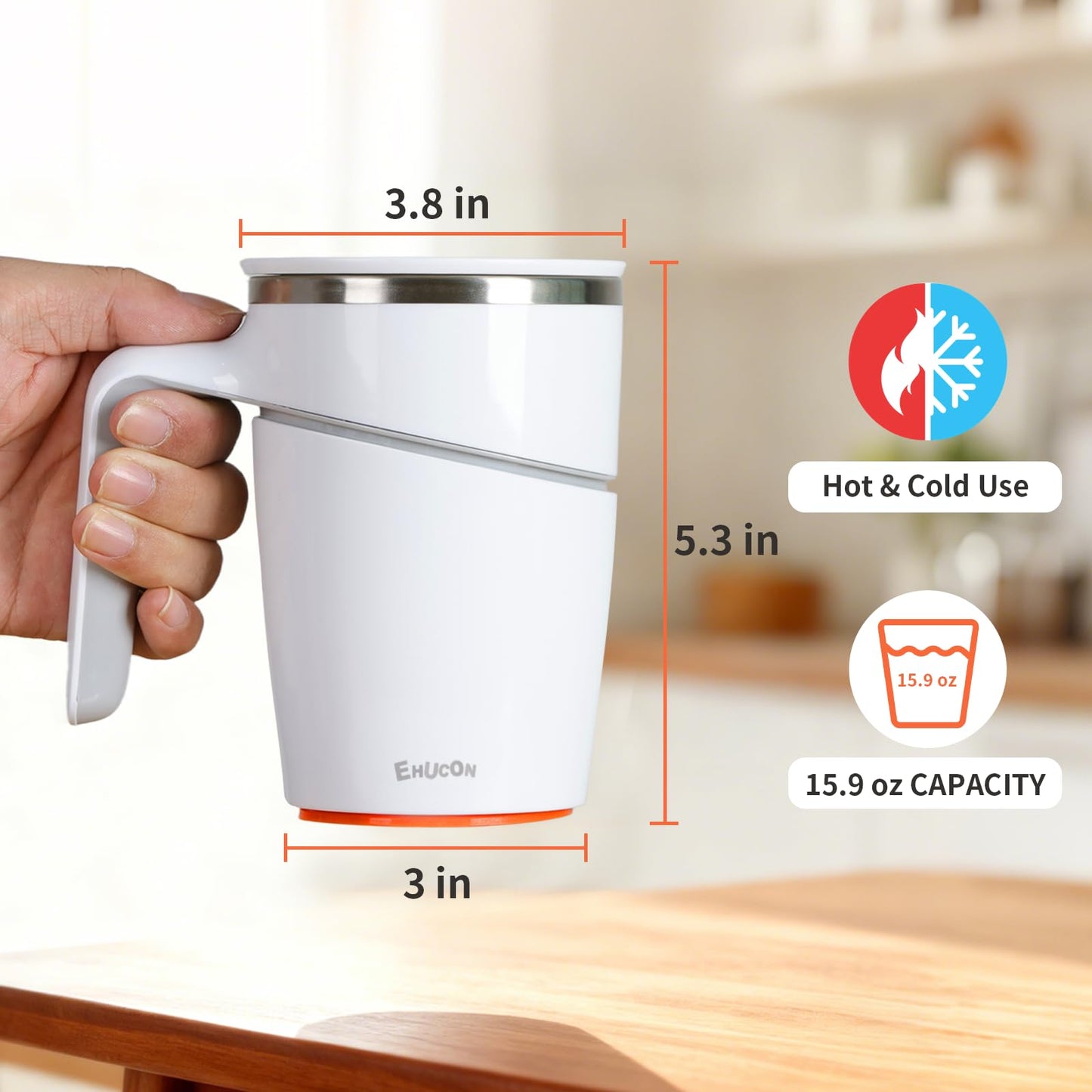 Anti-Impact No-Tip Desk Mug, 470ml / 15.9oz Stainless Steel Insulated Mug with Handle, Smart Suction Base, Non-Slip & Knock Proof, Helps Prevent Desk Spills for Coffee, Tea, Kids & Pets (White)
