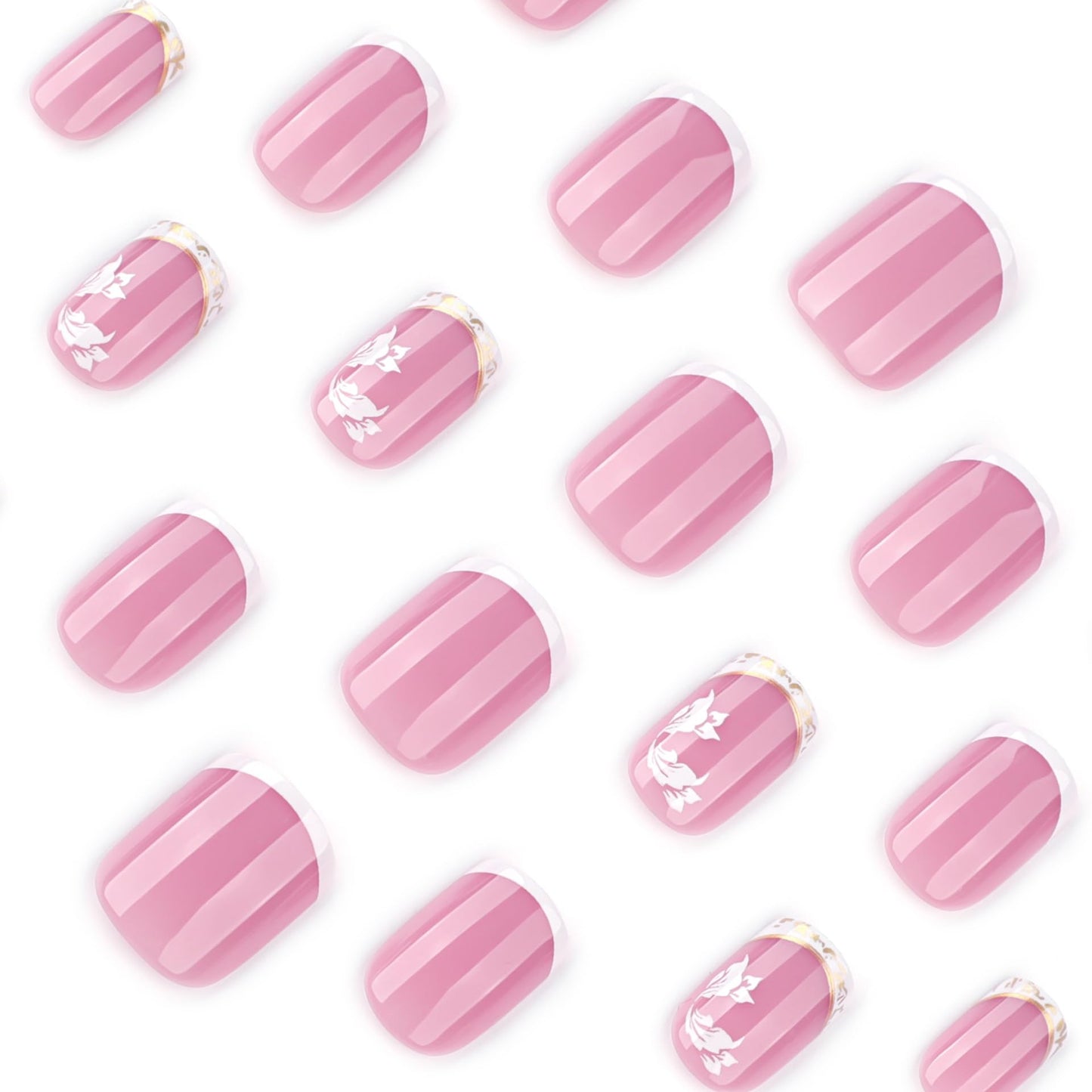 Square Press on Nails Short Fake Nails White French Tip False Nails Pink Glossy Glue on Nail with Flower Design Acrylic Nails Press ons Full Cover Stick on Nail for Women 24Pcs