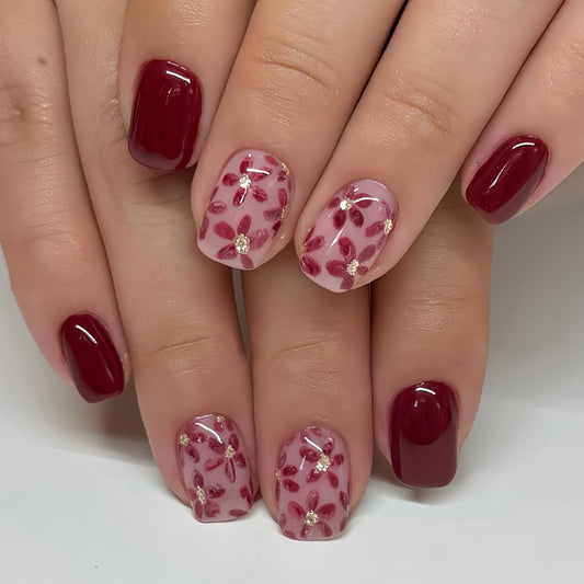CEWEWP 24Pcs Wine Red Press on Nails Extra Short Nude Flowers Fake Nails with Glitter Flowers Design Full Cover Winter False Nail Square Shape Glue on Nails Acrylic Glossy Stick on Nail for Women