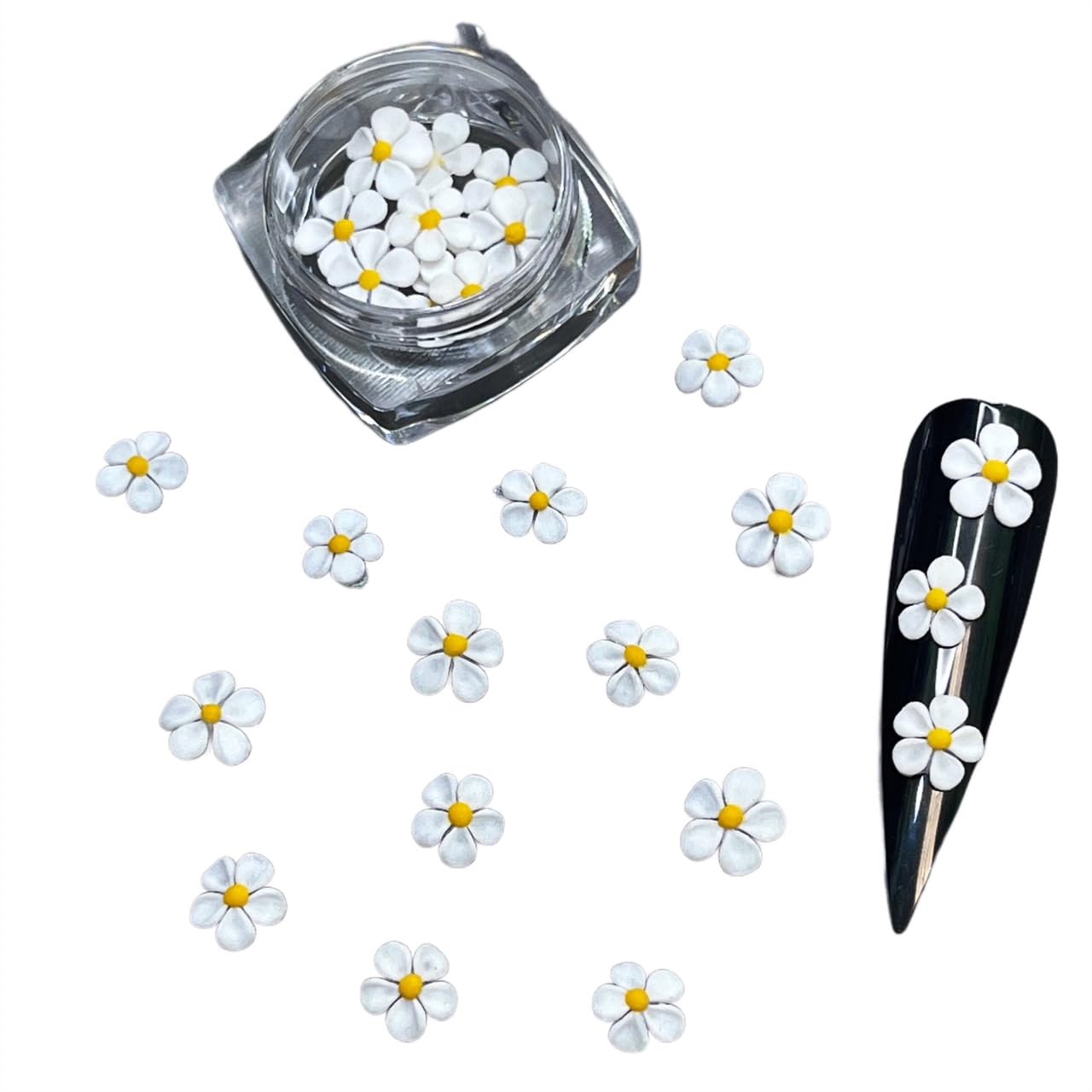 Set 30Pcs White 3D Flowers for Nails, Handmade 3D Acrylic Flowers for Nails, Flower Nail Charms Rhinestones Gems by Acrylic Powder Design Deco Nail Art Women Girls (White+Yellow pistil-30Pcs)