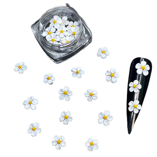 Set 30Pcs White 3D Flowers for Nails, Handmade 3D Acrylic Flowers for Nails, Flower Nail Charms Rhinestones Gems by Acrylic Powder Design Deco Nail Art Women Girls (White+Yellow pistil-30Pcs)