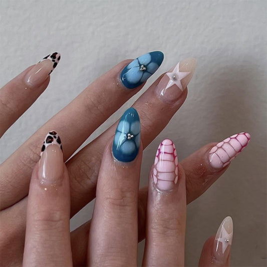 Medium Almond Press on Nails Rhinestones False Nails with 5D Pearl Star Design Blue Flower Fake Nails Glossy Leopard French Tip Stick on Nails Pink Crocodile Glue on Nail for Women Manicure 24Pcs