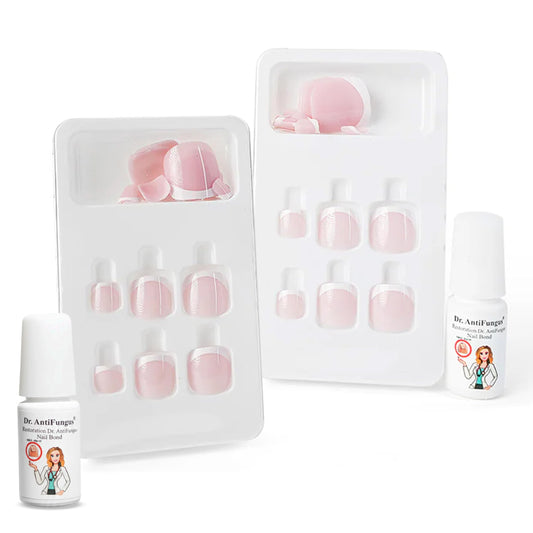 Dr. Antifungus - Press On Toe Nails Kit for Damaged Nails - 4 Sets Medium Oval Fake Toe Nails with Restorative Nail Bond Solution - Strong Glue-On for Women - Nail Repair - Red/Nude