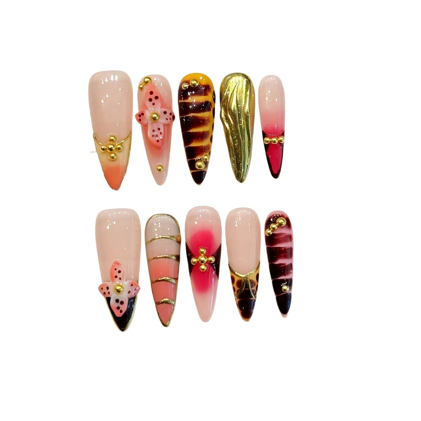 Long Press on Nails Handmade Almond Fake Nails French Tip False Nails 3D (S)