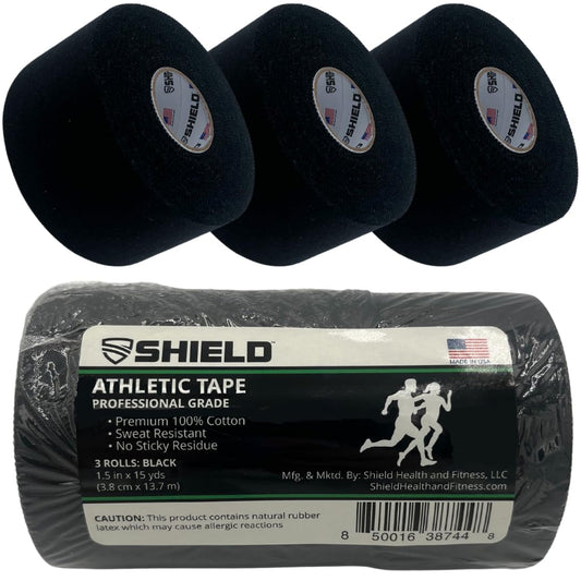 SHIELD | 3-Pack Athletic Tape – 1.5 Inches x 15 Yards - Made in USA, Easy Tear, Rigid, Very Strong. First aid, Injury- Athletic, Medical,Therapy Trainers (Black)
