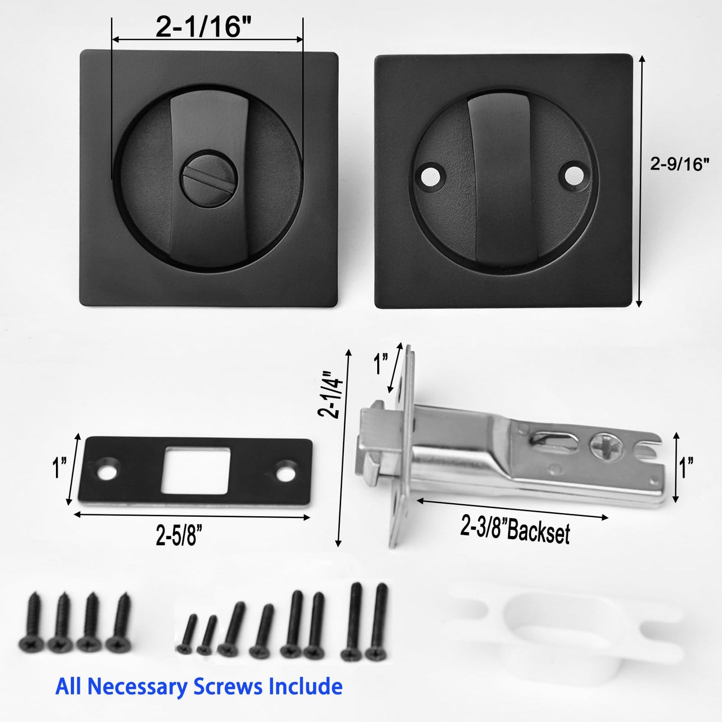Dontay Pocket Door Privacy Lock with Edge Pull Handle,(Bed/Bath) 2 3/8" Backset,Stainless Steel Recessed 2 Sided,Recessed Knob,1 3/8" to 2 3/16" Bathroom&Sliding Door (Matte Black, Square - 1 Set)
