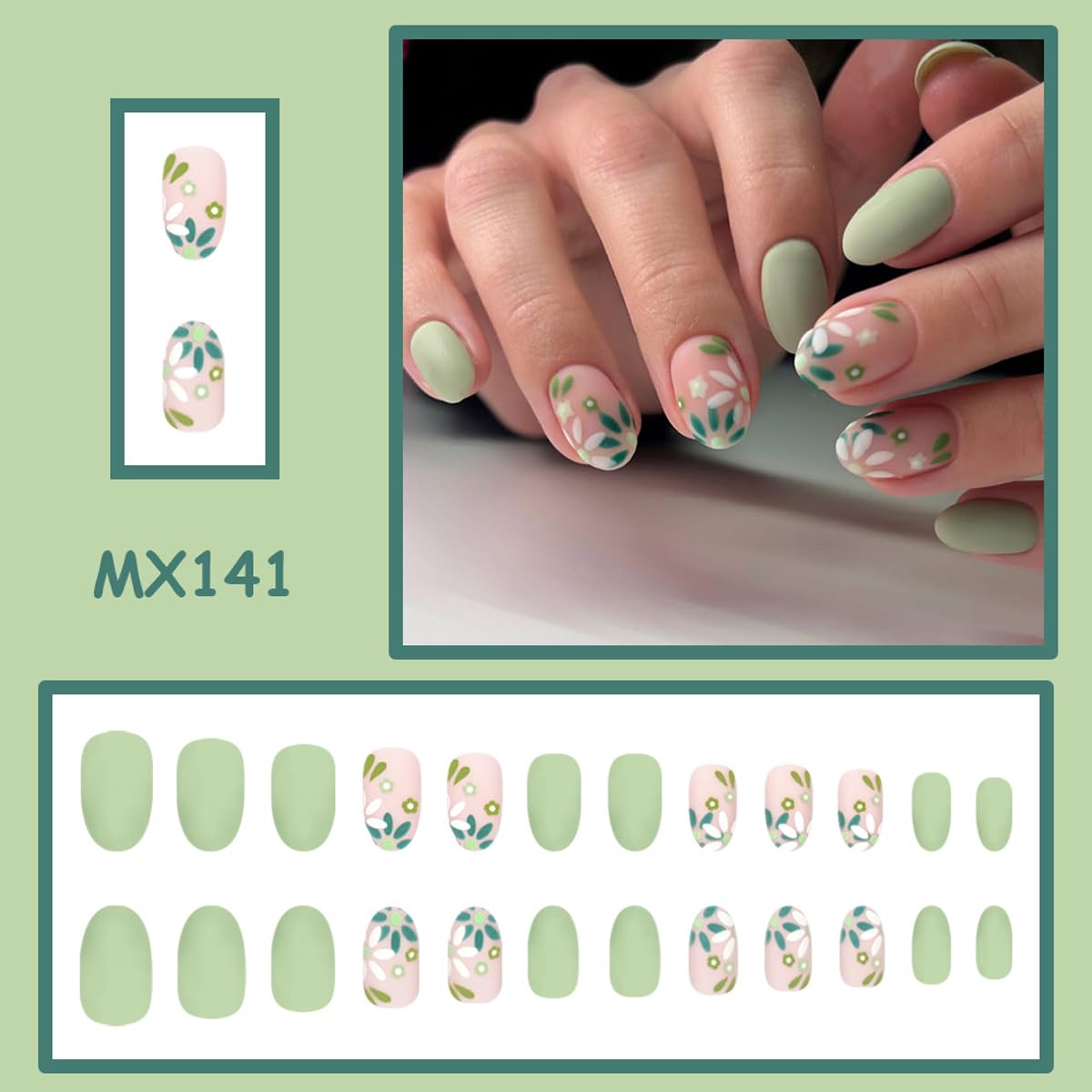 Matte Green Press on Nails Medium Oval Fake Nails Spring Nails Press ons with Cute Flower Design, Reusable Artificial Nail Full Cover Stick on Nails for Women Manicure 24Pcs