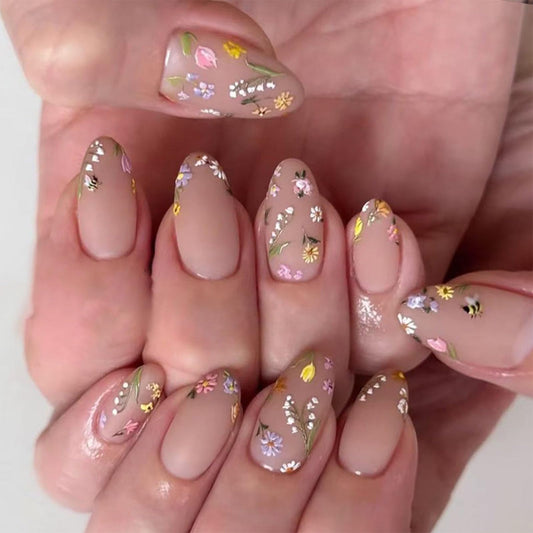 IMRAIN Press on Nails Almond Medium Fake Nails with Flower Designs Glue on Nails Matte Full Cover Acrylic False Nails Summer Cute Floral Stick on Nails for Women