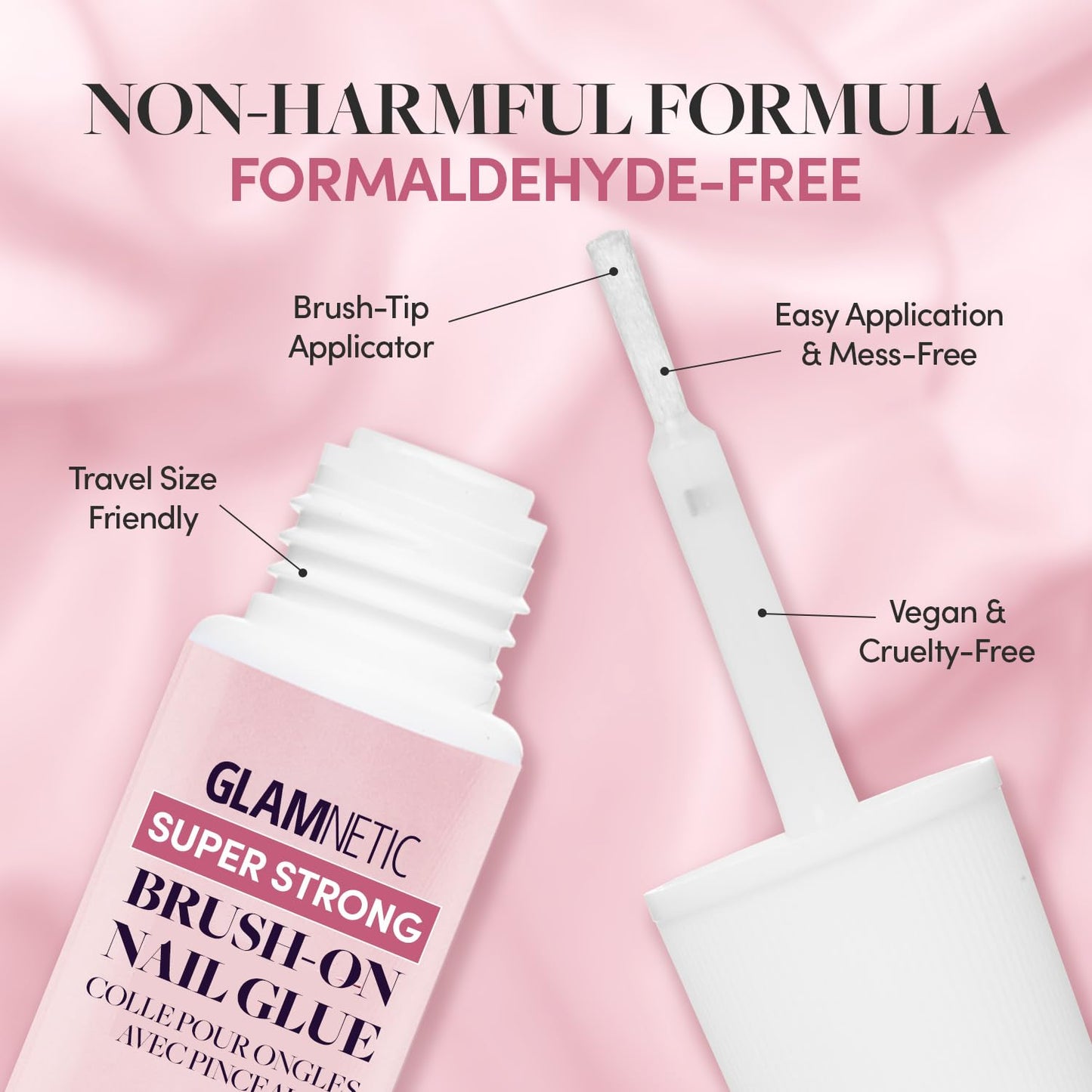 Glamnetic Press On Nails & Brush On Nail Glue Bundle - Think Pink | Solid Opaque Light Pastel Pink Short Oval Nails, Reusable | 15 Sizes - 30 Nail Kit