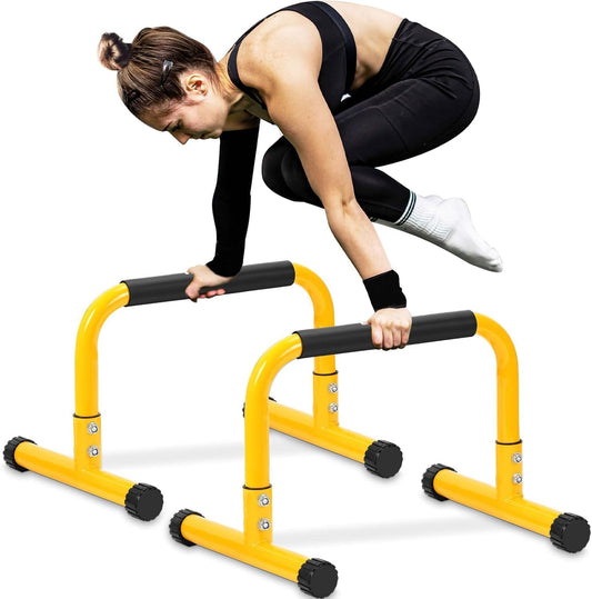 TABEKE Push Up Bar, 14'' High Steel Parallettes & Dip Bar with Full Coverage Foam Handle, Heavy-Duty Calisthenics Parallel Bars for L-Sit, Dips, Home Gym Strength Training Workout (Yellow)