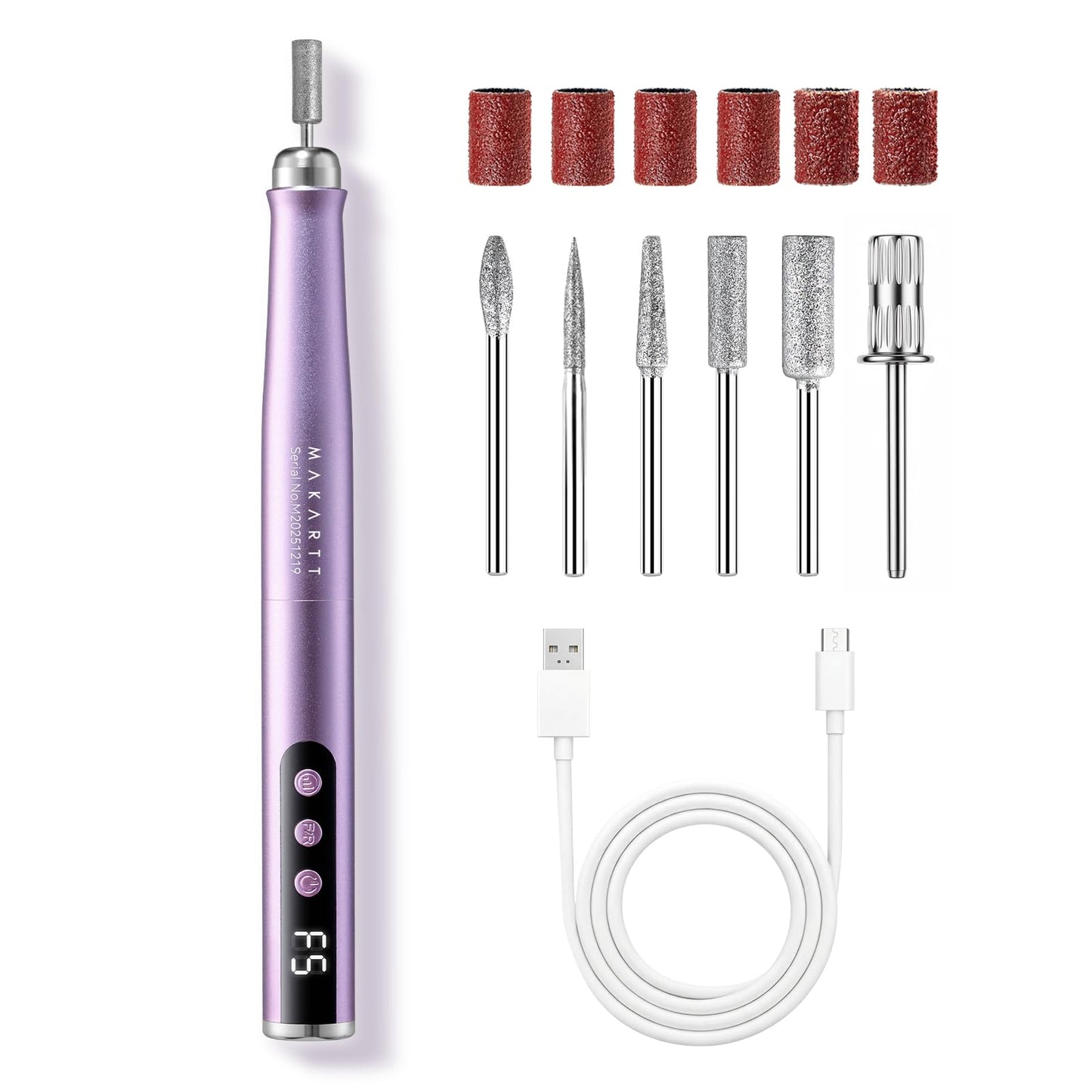 Makartt Pen-Shaped Rechargeable Nail Drill for Beginners: 25,000 RPM Cordless Electric Nail File with 5-Speed LED Display, Lightweight Quiet E File Kit for Gel Polish Removal, Home Travel Use(Purple)