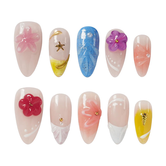 Tesytto Handmade Press on Nails 3D Floral Carved Medium Almond Fake Nails French Tips, Multi-Layer Gel Acrylic Nails for Women Nail Art (Sheer Floral Glow,S)
