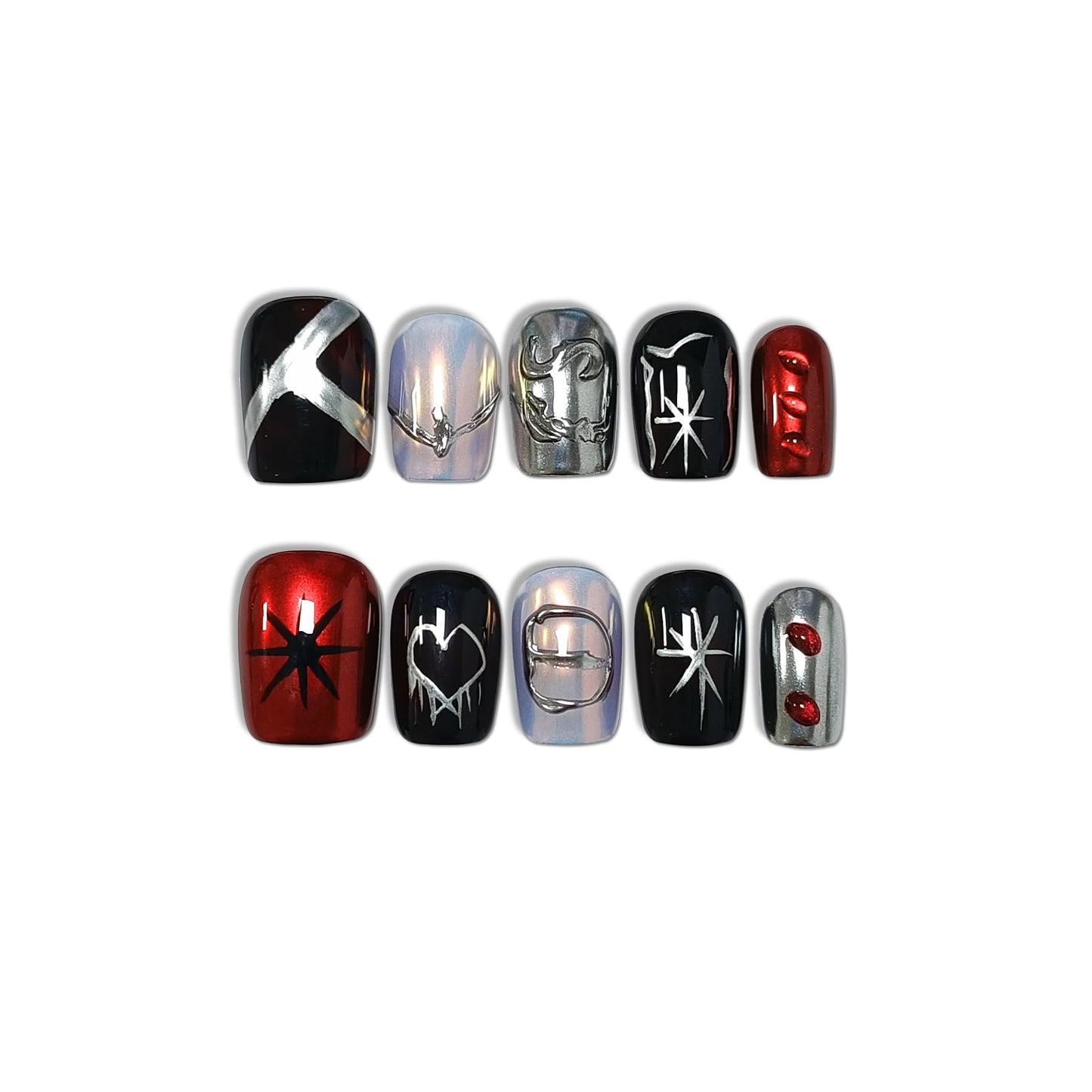 TENPAL Gothic Press On Nails With Tools,Y2K Spider Web Embossed Short Square Glossy Chrome Glue on Nails,Dark Sweet Cool Acrylic Fake Nails,Silver White Red Metal Artificial False Nails 10Pcs(XS)